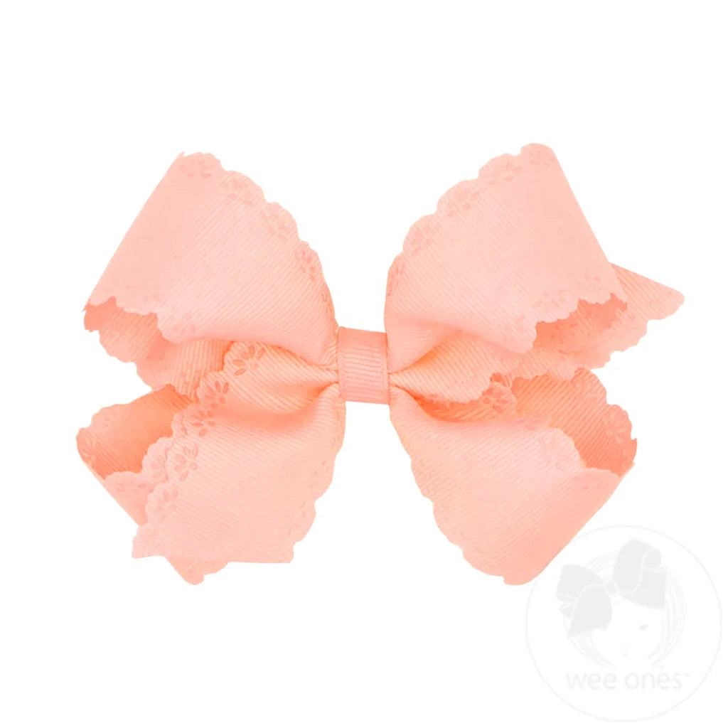 Medium Grosgrain Bow with Eyelet Flower-Embossed Edges | Lt. Coral