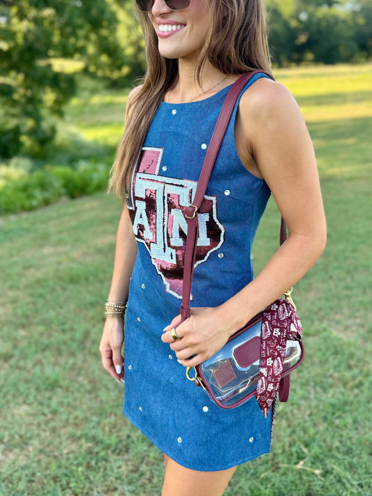 QOS Licensed Texas A&M Scattered Jewel Denim Sequin Mascot Tank Dress