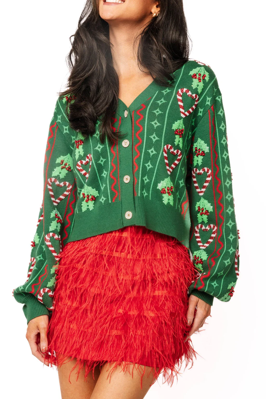 QOS Green 3D Holly & Peppermint Cardigan