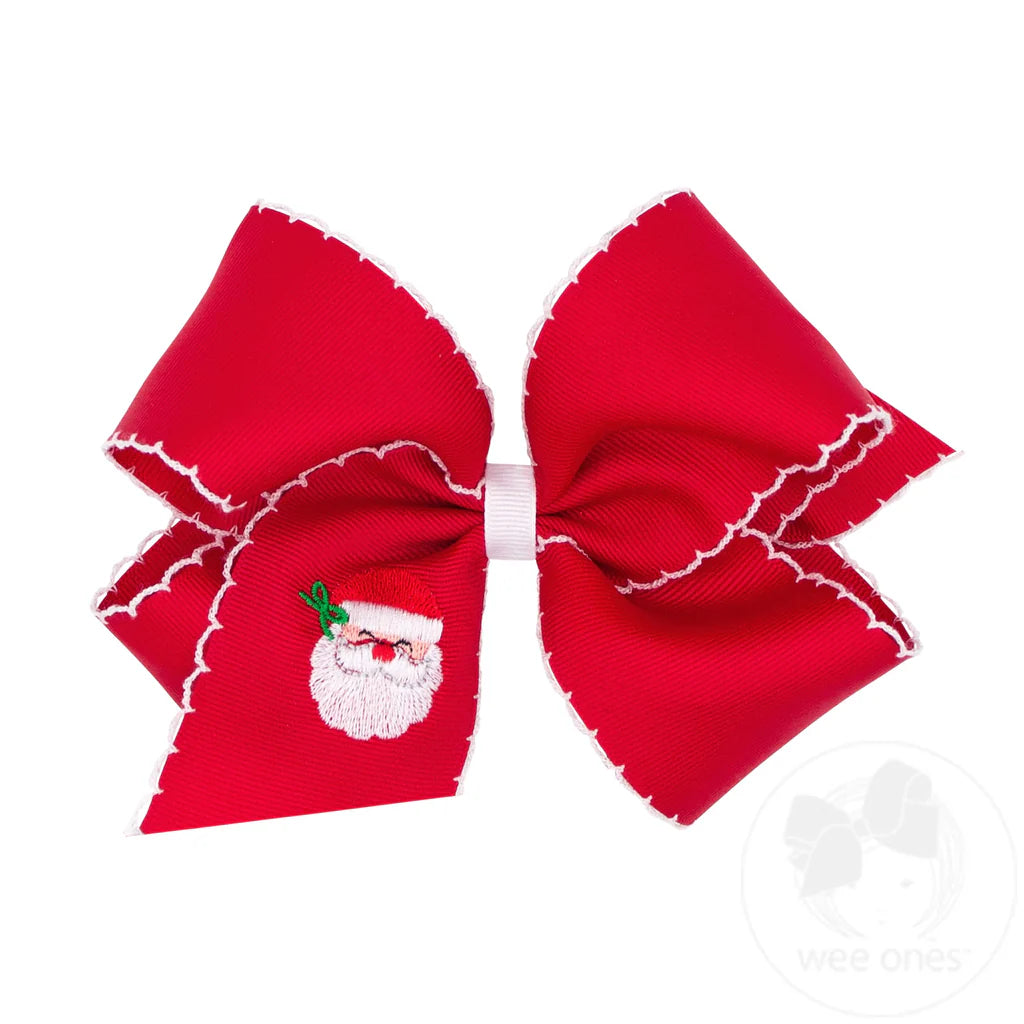 King Red Grosgrain Hair Bow with Moonstitch Edge and Santa Embroidery