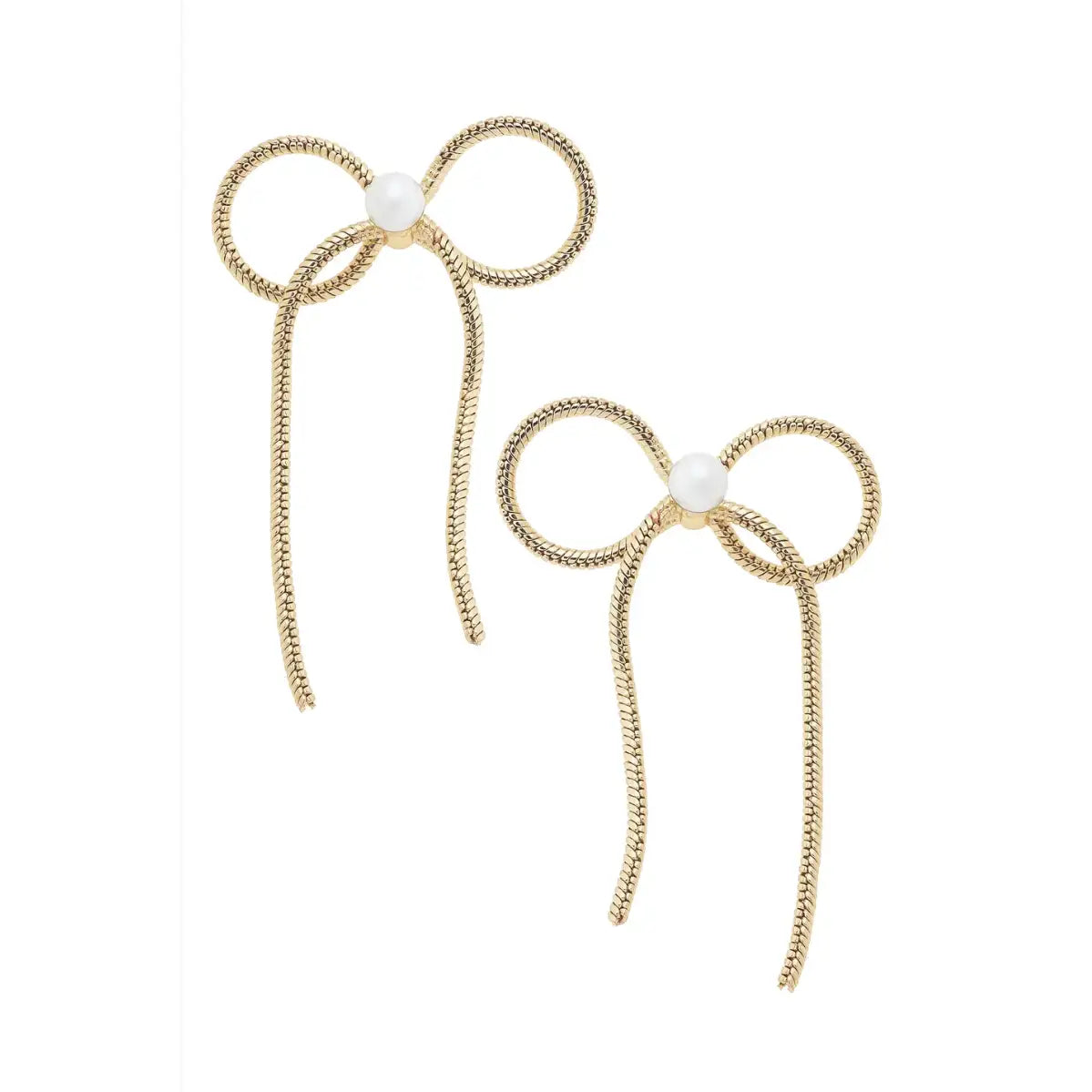 Hadley Cord Tied Pearl Bow Earrings in Shiny Gold