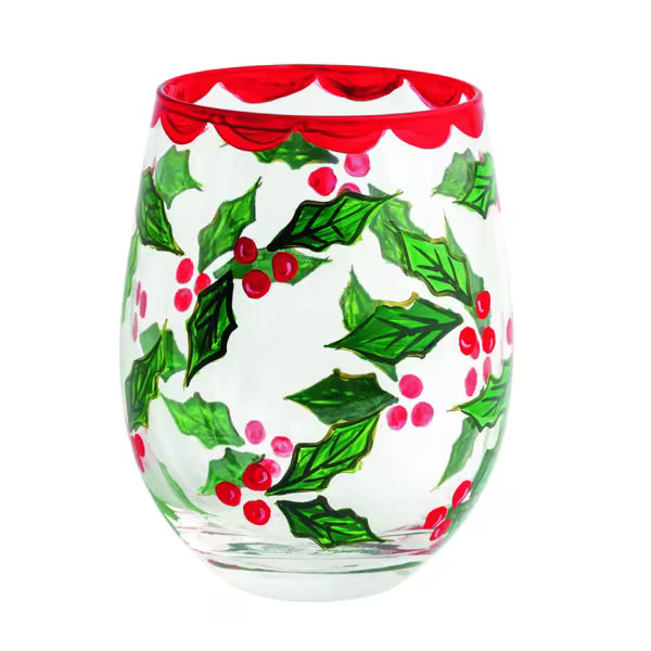 Holly Painted Wine Glass