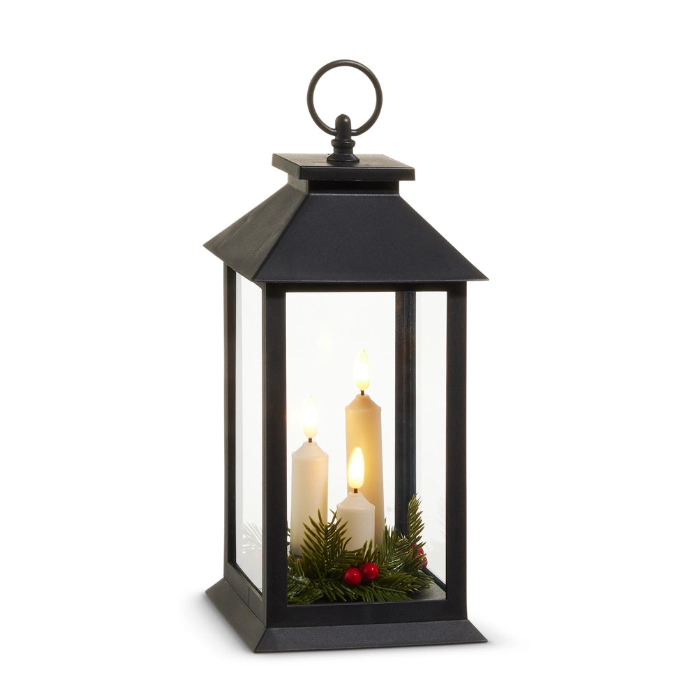 12" Lantern with Candles and Greenery