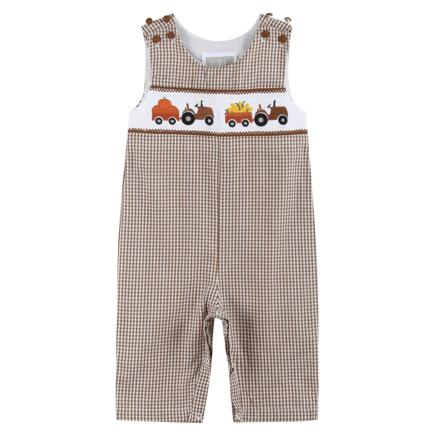 Brown Gingham Pumpkin and Corn Tractor Smocked Overalls