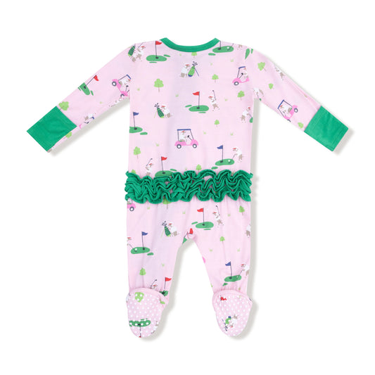 Dog Gone Golf | Pink 2 Way Zipper Ruffle Back Footie