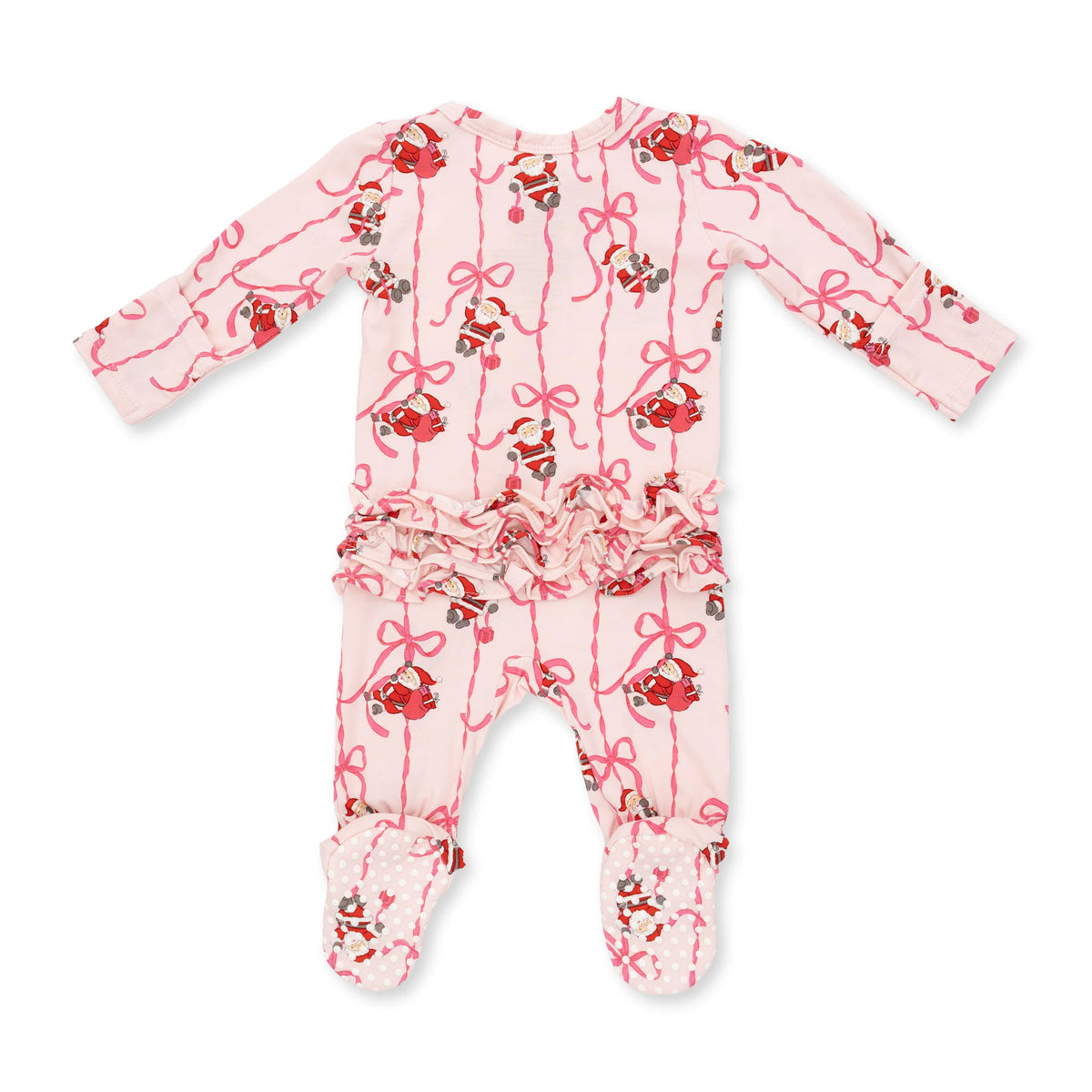 Bows & Santa I 2 Way Ruffle Back Zipper Footie