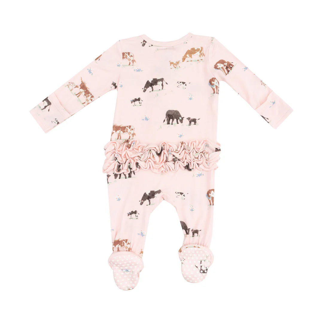 2 Way Zipper Ruffle Back Footie | Cow Families Pink