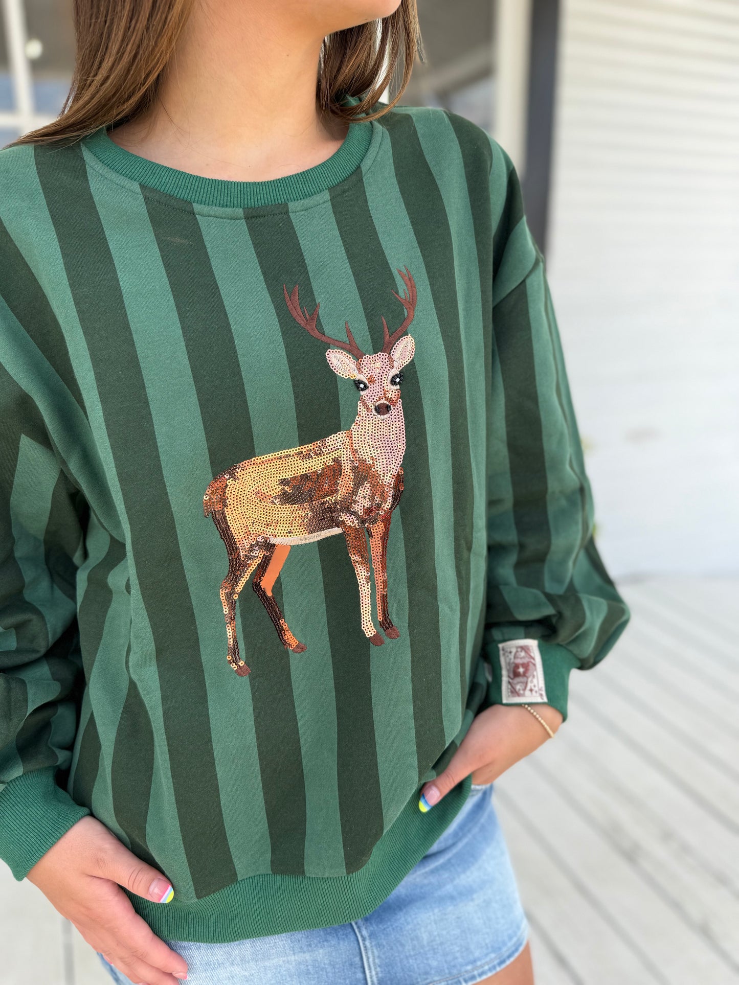 QOS Green Striped Deer Sweatshirt