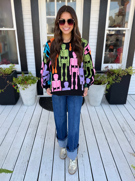 QOS Black Multi Fuzzy Skeleton Sweatshirt