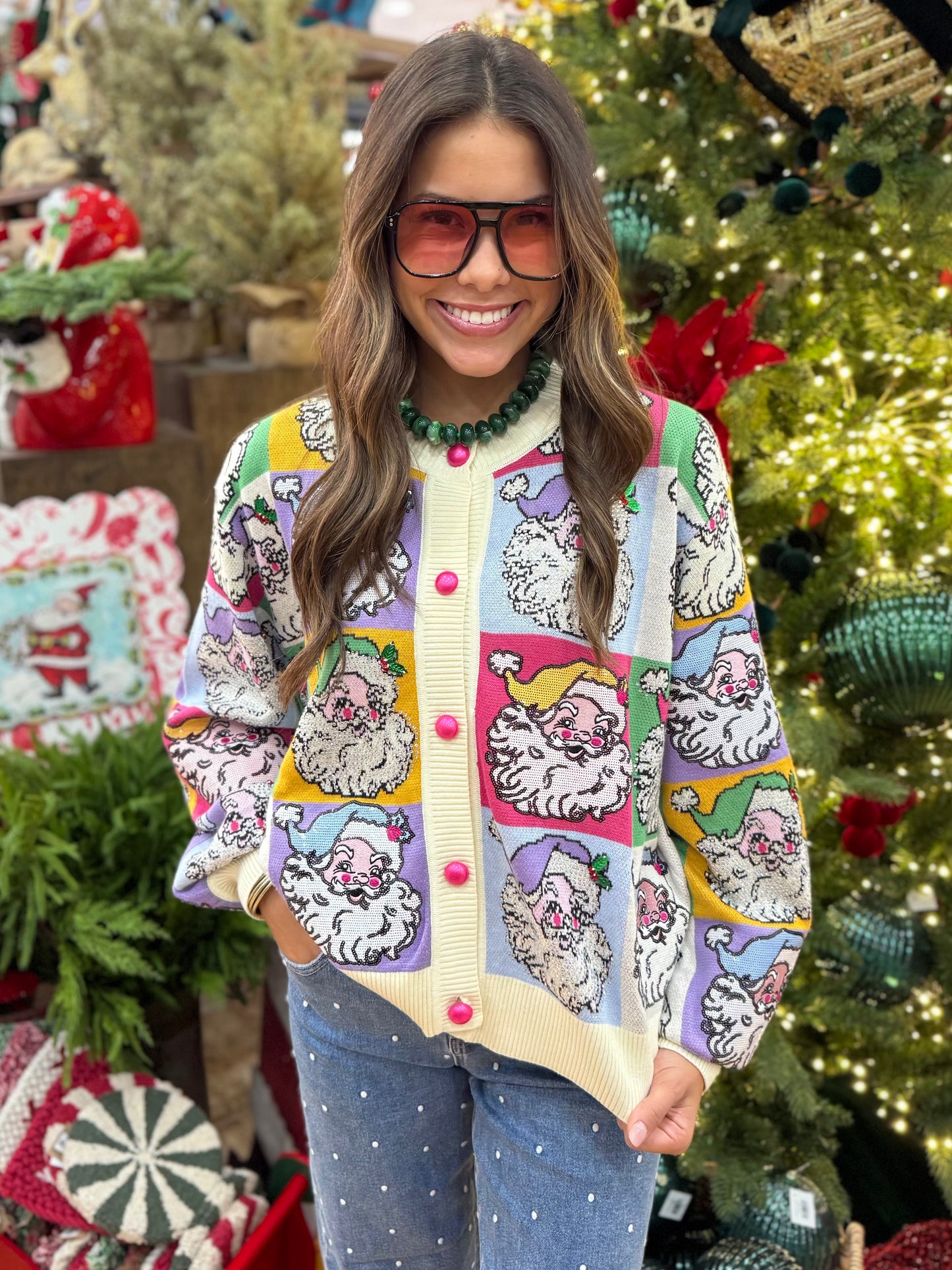 QOS | Pastel Colorblock Santa Button Up Cardigan