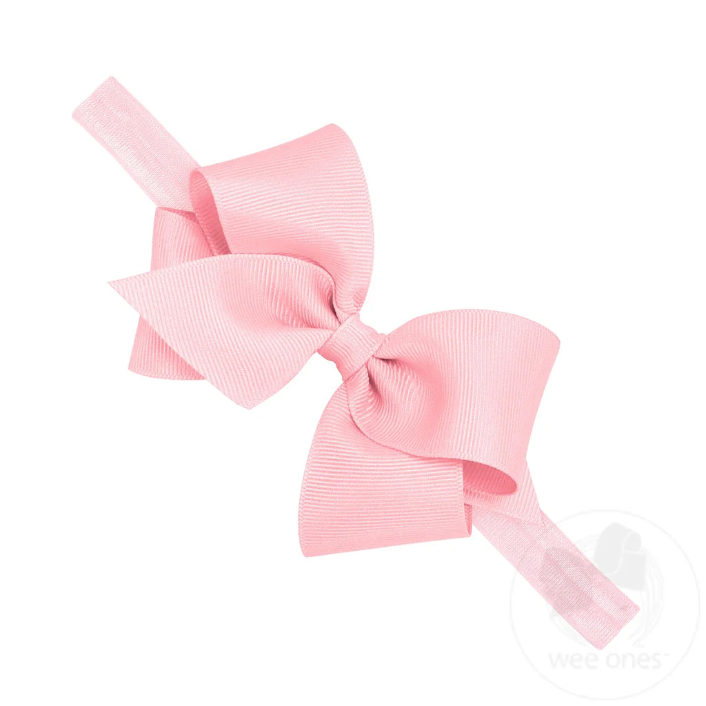 Small Classic Grosgrain Girls Hair Bow on Baby Headband | LT Pink