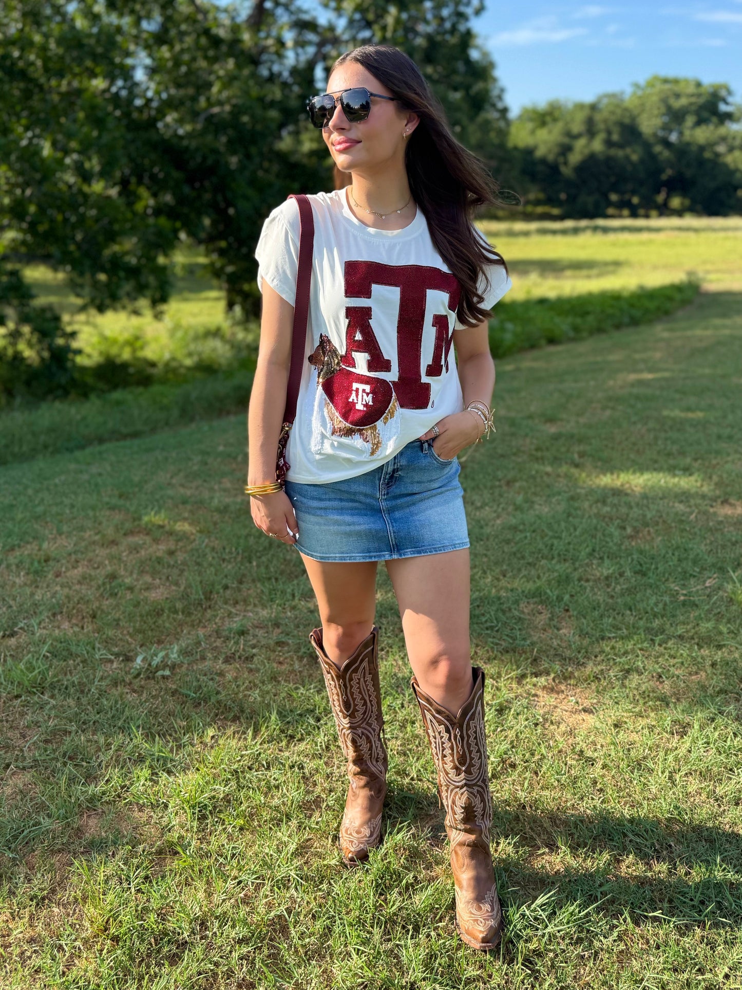 QOS Licensed Texas A&M Mascot Leaning on Letter Tee