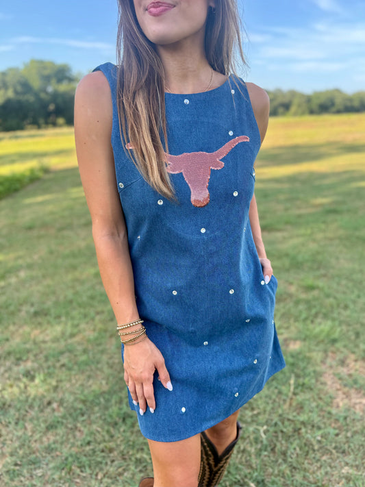 QOS Licensed Texas Scattered Jewel Denim Sequin Mascot Tank Dress