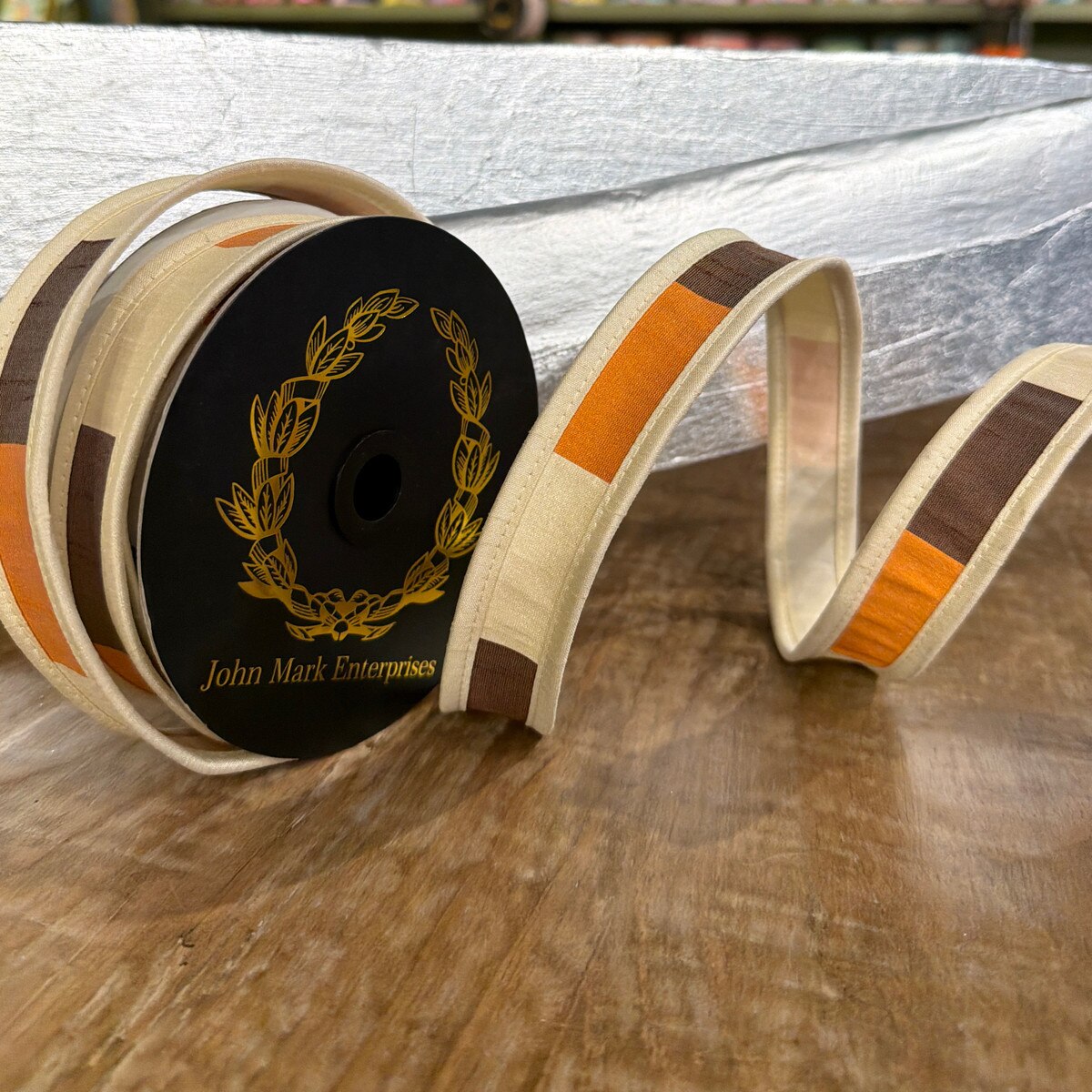 John Mark | Dupion Block Stripe Brown/Cream/Orange | 1"