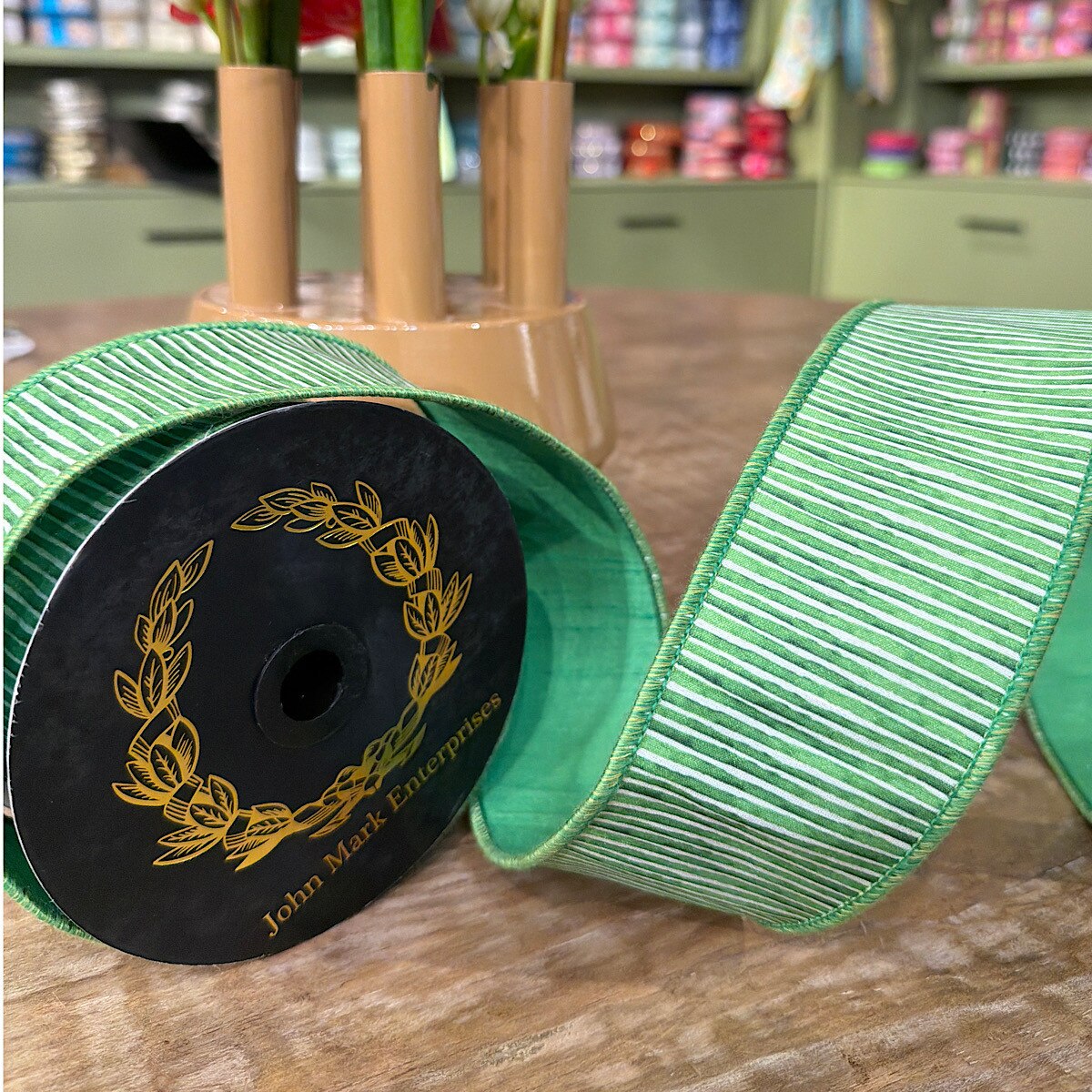 John Mark | Mini Stripe Dupion Fused Green | 2.5"