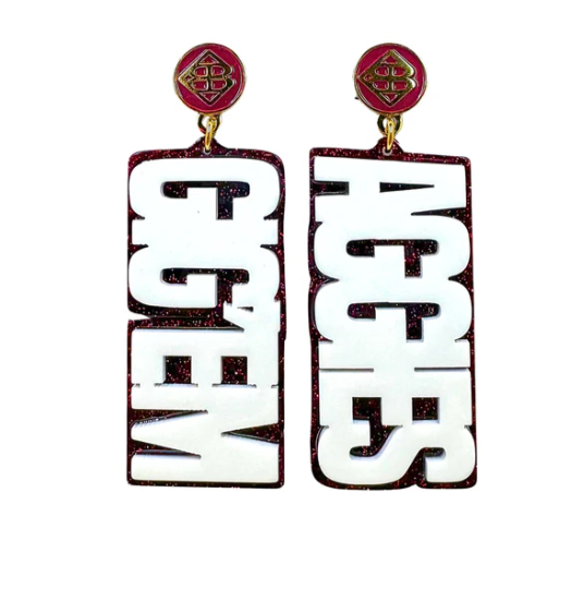 Texas A&M White and Maroon Glitter GIG'EM AGGIES Earrings