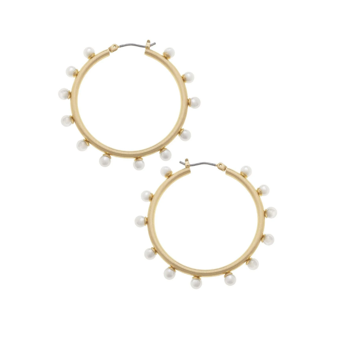 Katie Pearl Studded Statement Hoop Earrings in Ivory & Satin Gold