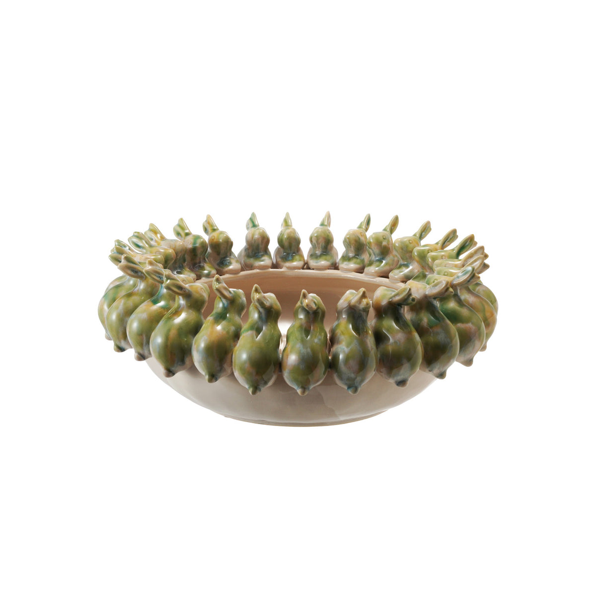 Decorative Stoneware Bowl w/ 3D Rabbits, Reactive Glaze