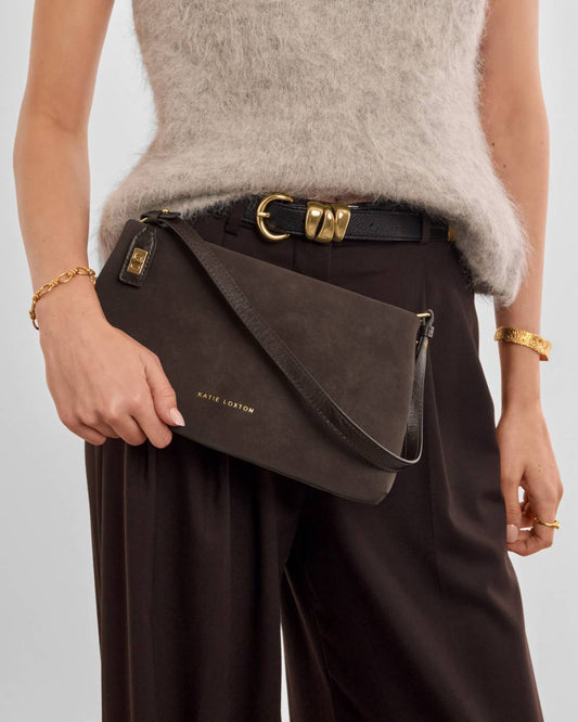 Orin Twist Lock Suedette Small Shoulder Bag l Bitter Chocolate