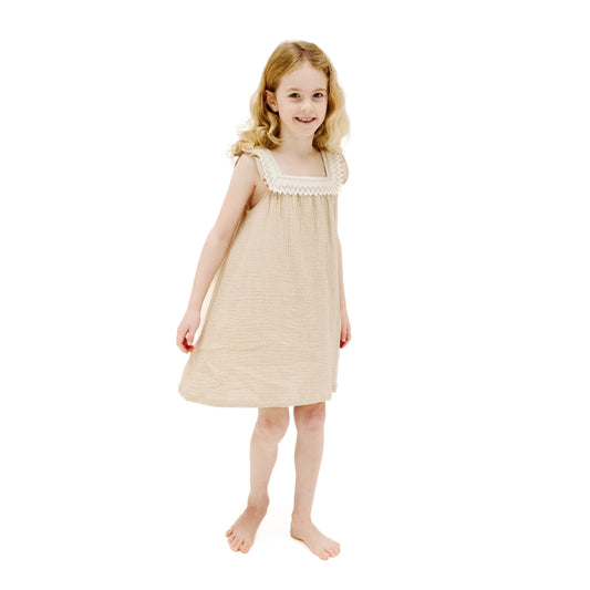 Sundress with Heart Crochet | Solid Muslin Oxford Tan
