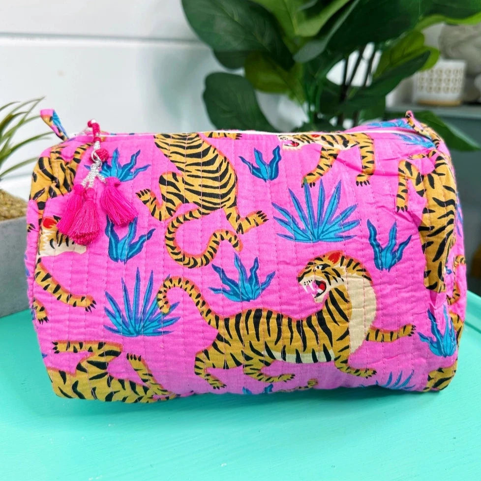 Cosmetics Bag | Quilted Makeup Bags | Toiletry Bag | Pink/Blue Tigers