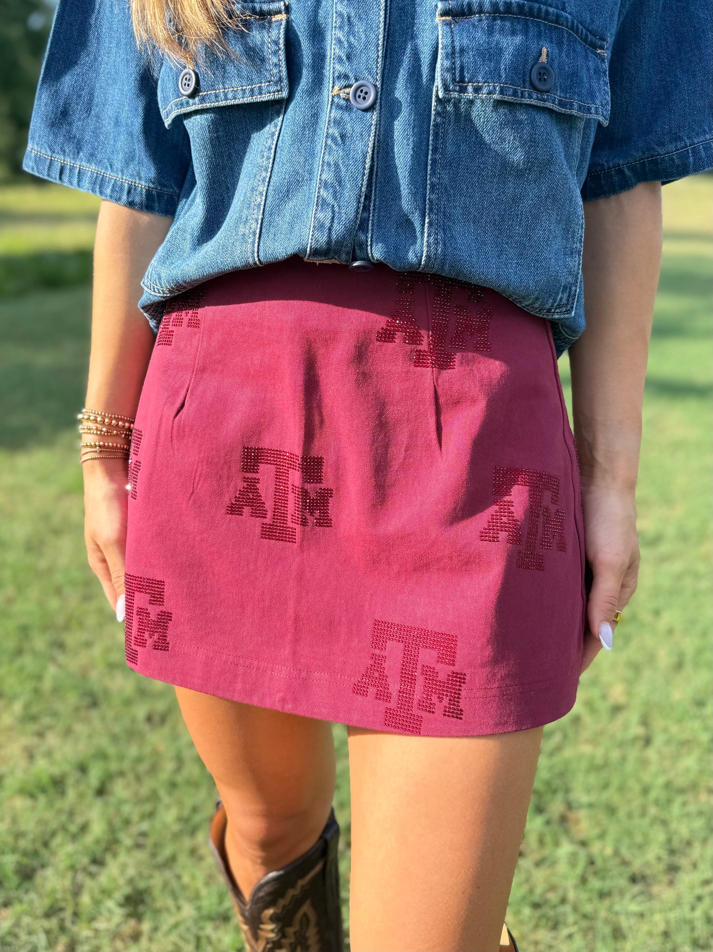 QOS Licensed Texas A&M Tonal Rhinestone Scattered Abbreviation Skirt