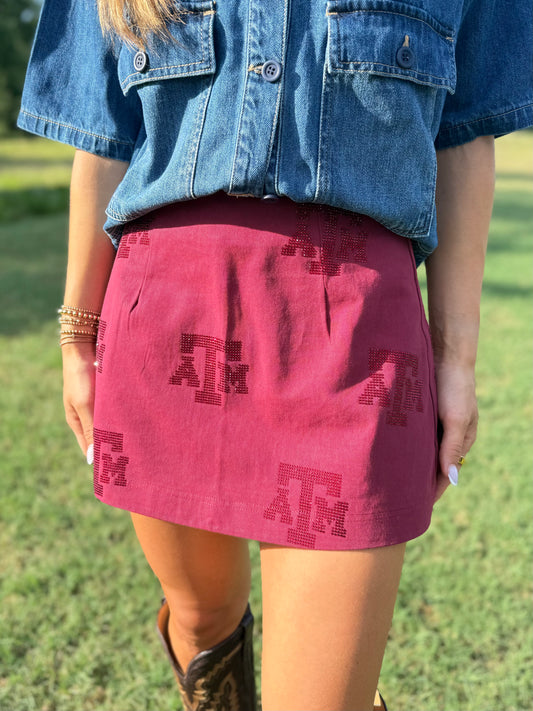 QOS Licensed Texas A&M Tonal Rhinestone Scattered Abbreviation Skirt