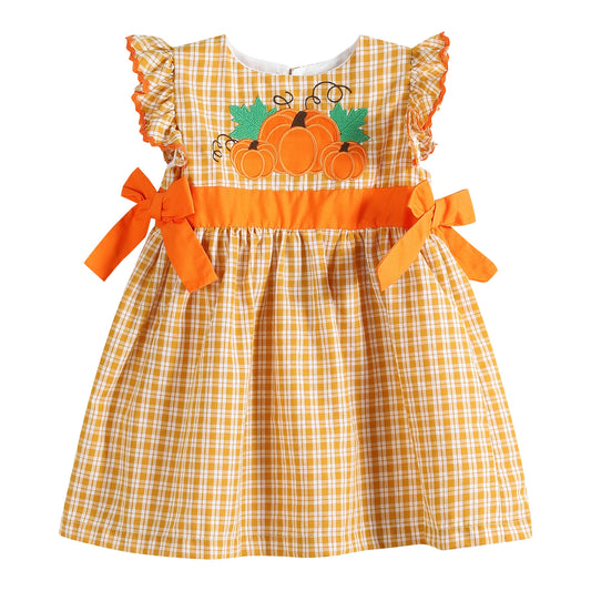 Orange Gingham Ruffle Pumpkin Bow Dress