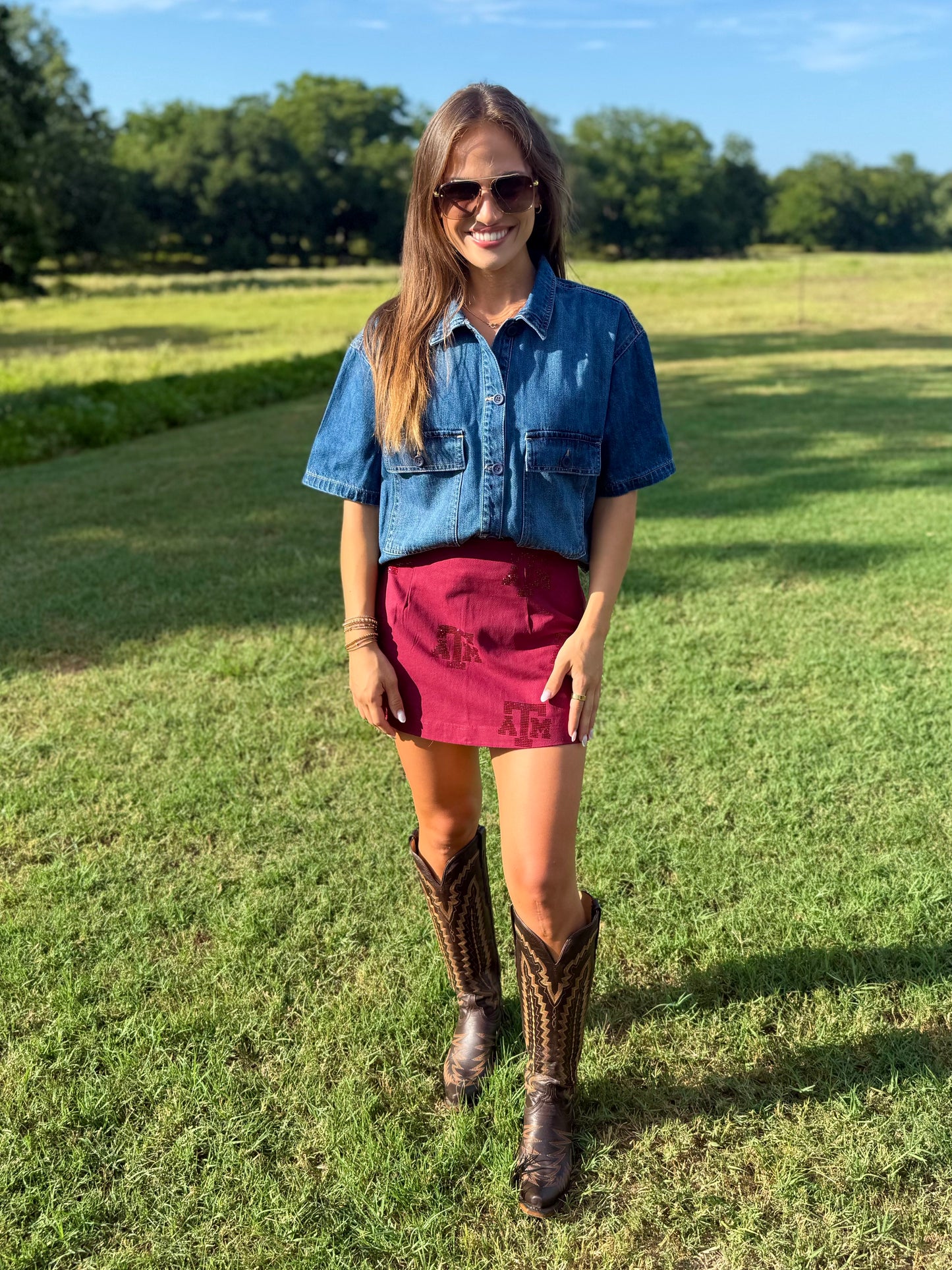 QOS Licensed Texas A&M Tonal Rhinestone Scattered Abbreviation Skirt