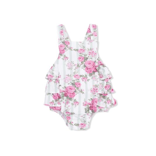 Cabbage Rose Stripe | Ruffle Sunsuit