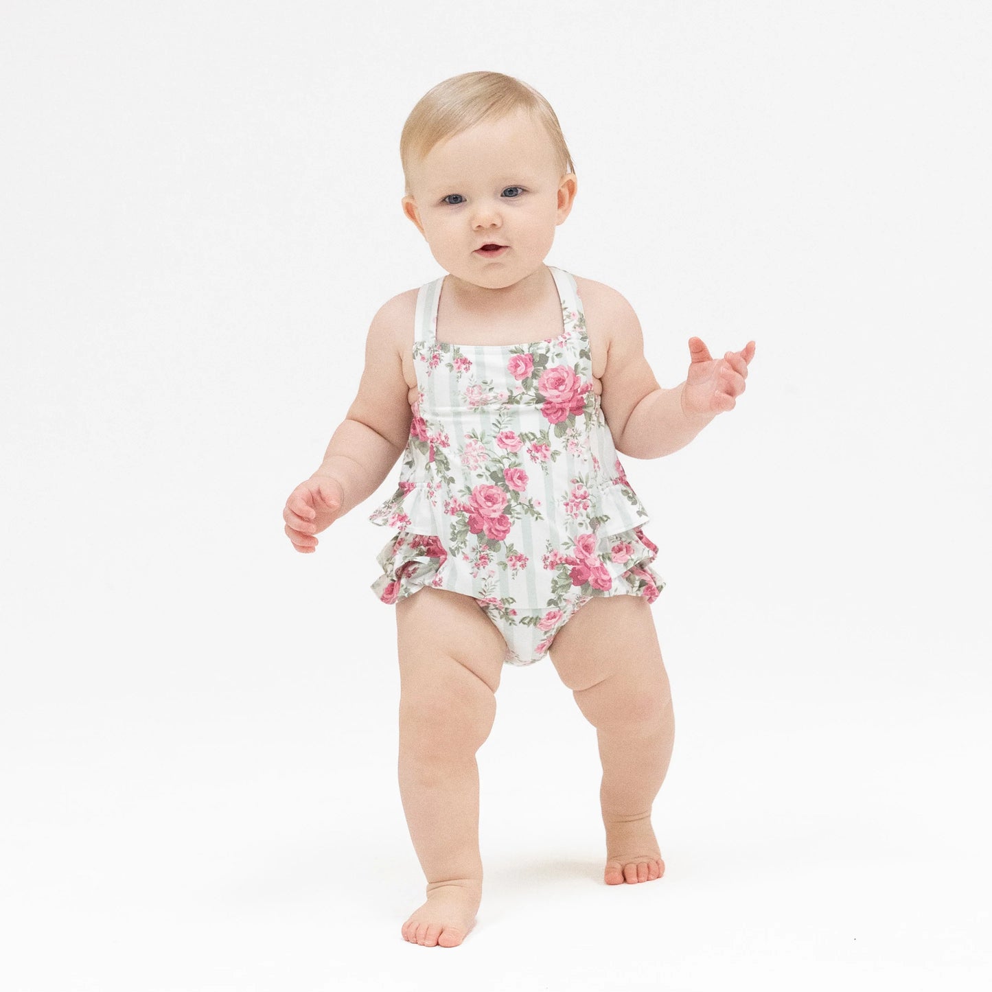 Cabbage Rose Stripe | Ruffle Sunsuit
