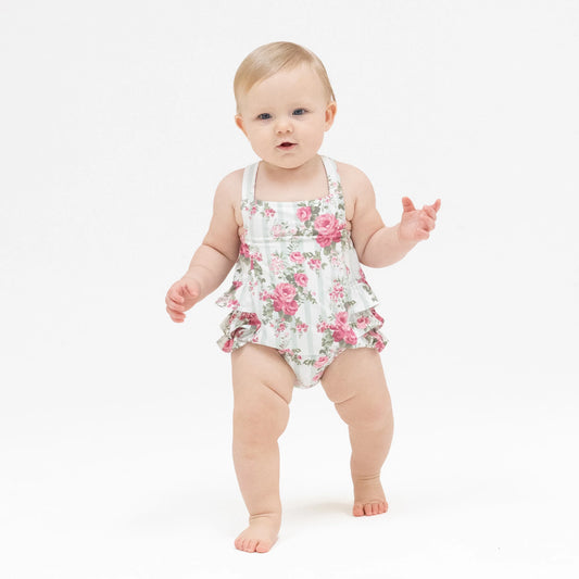 Cabbage Rose Stripe | Ruffle Sunsuit