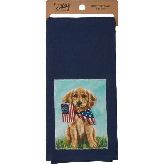 Golden Puppy With Flag Kitchen Towel