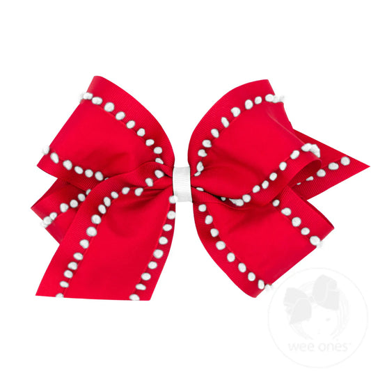 King Holiday Style Pom-Pom Edge Grosgrain Overlay Girls Hair Bow | Red+White