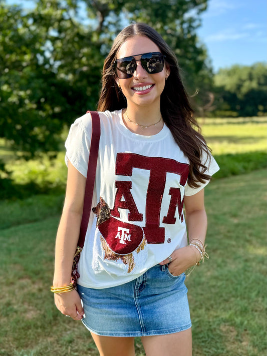 QOS Licensed Texas A&M Mascot Leaning on Letter Tee