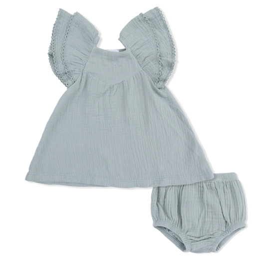 Solid Muslin Jadeite | V-Neck Dress and Bloomer