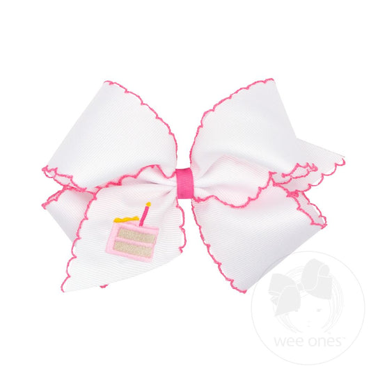 King Grosgrain Hair Bow with Moonstitch Edge and Birthday Girl Embroidery