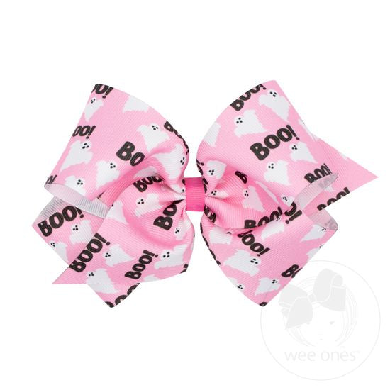 King Halloween-themed Pink Boo Ghost Printed Grosgrain Hair Bow