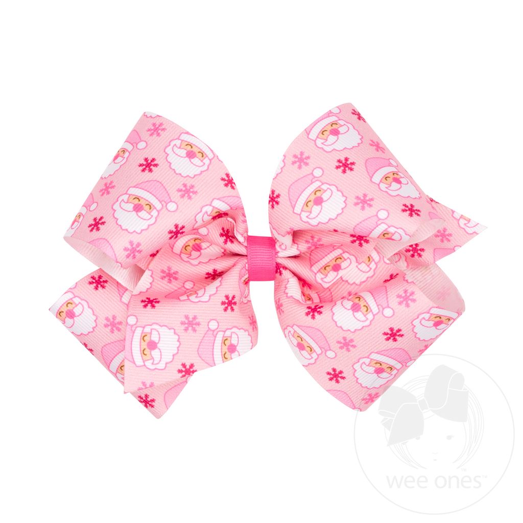 King Holiday-themed Pink Santa Printed Grosgrain Hair Bow