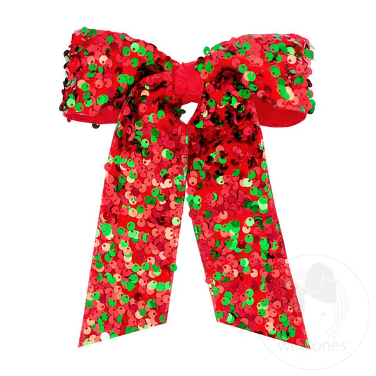 King Red and Green Velvet Sequin Two-loop Hair Bow with Long Front Tails and Knot Wrap