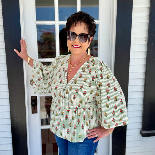 Monroe Top | Cottage Stripes Green