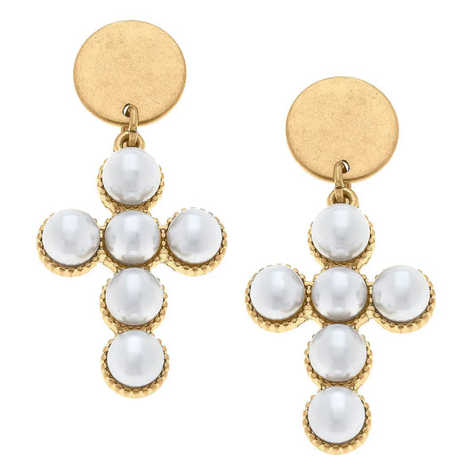 Elisha Pearl Cross Drop Earrings in Worn Gold