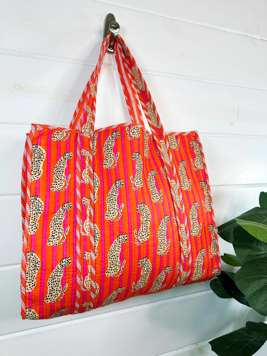 Cotton Quilted Large Shopping Tote Bag - Orange Pink Jaguars