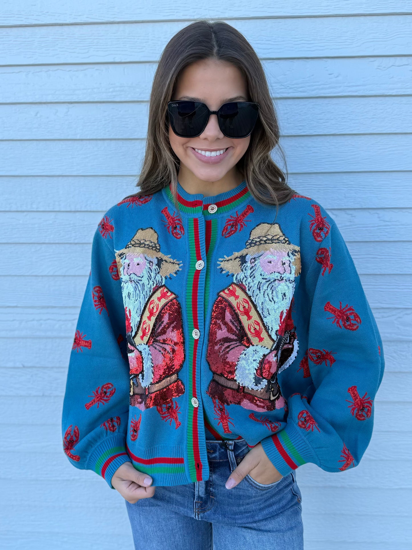 QOS Blue Crawfish Santa Button Up Cardigan