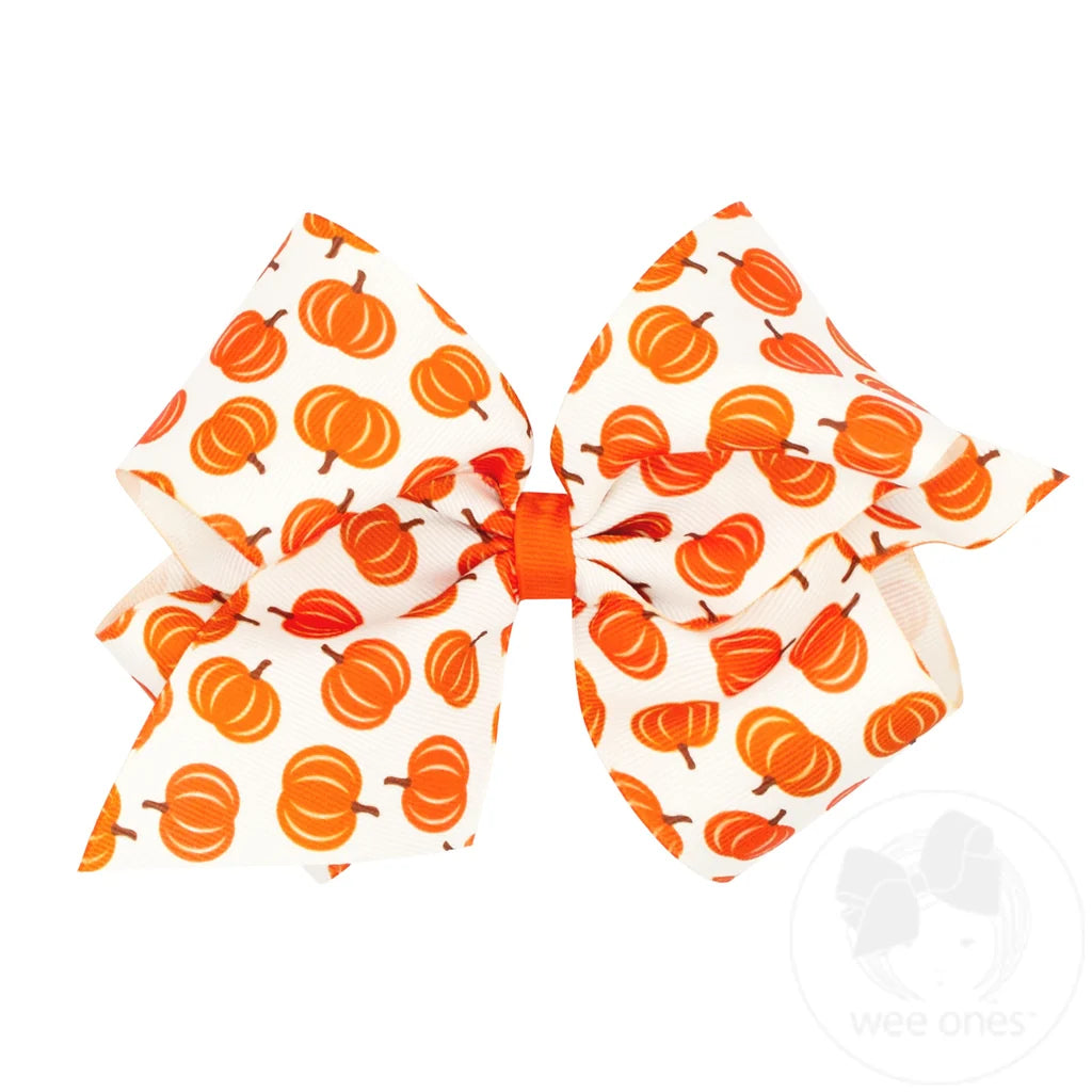 King Harvest White Pumpkin Print Grosgrain Hair Bow