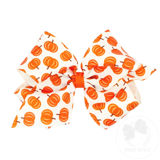King Harvest White Pumpkin Print Grosgrain Hair Bow