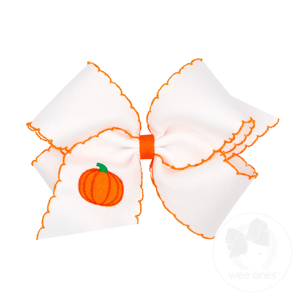 King Grosgrain Hair Bow with Moonstitch Edge and Harvest Embroidery