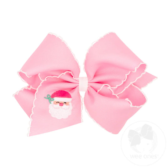 King Grosgrain Hair Bow with Moonstitch Edge and Pink Santa Embroidery