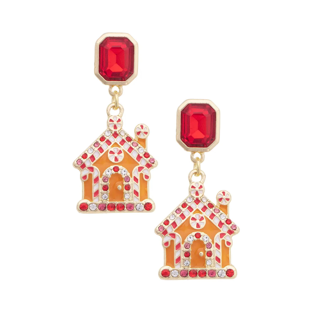 Rhinestone Gingerbread House Earrings in Red