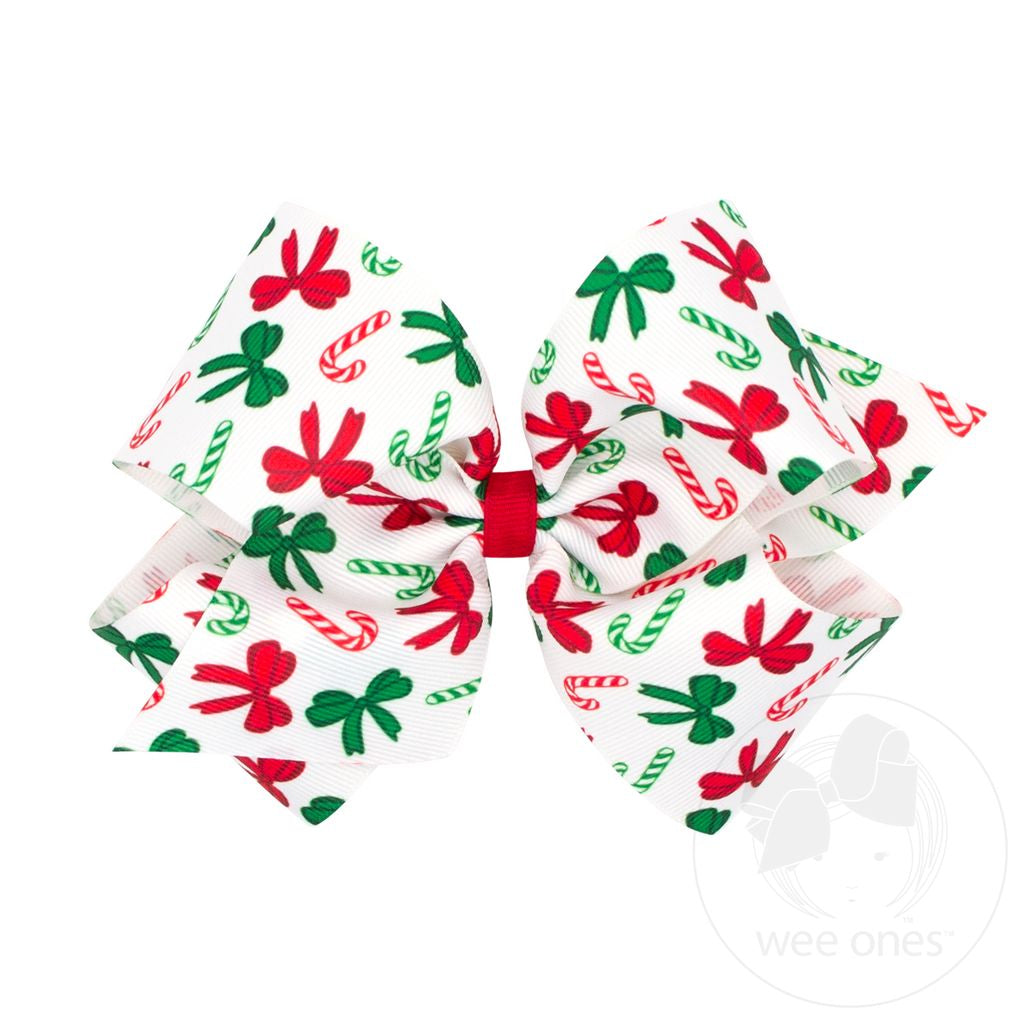 King Christmas Candy Cane Print Grosgrain Hair Bow
